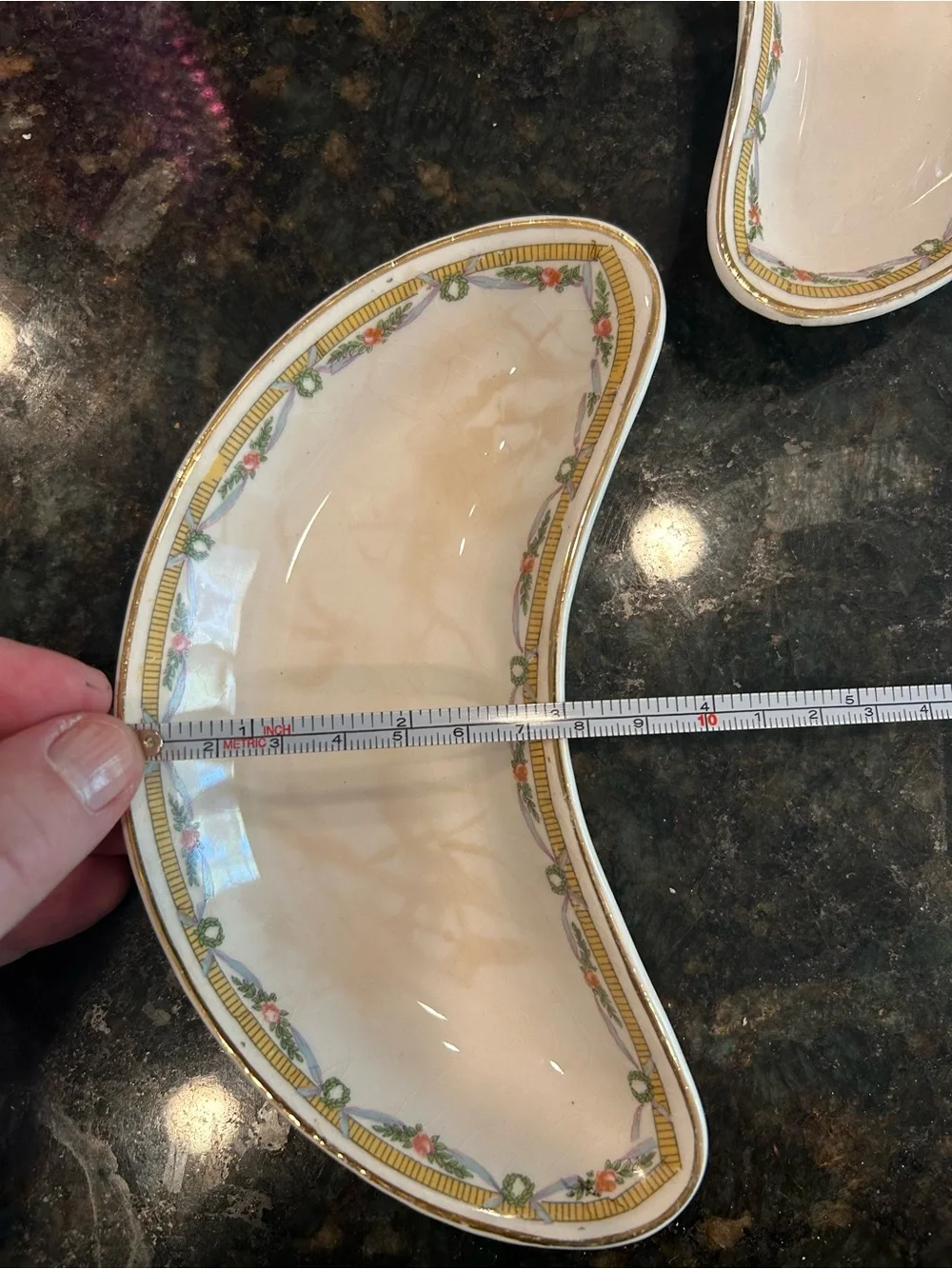 Vintage Bone Dishes Cream Crescent with Gold and Floral Border (5set)